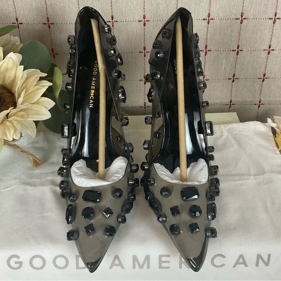 Good American 'Jeweled Emma” Clear PUMP Size 9 Light Smoke Black New Stiletto - Picture 3 of 7